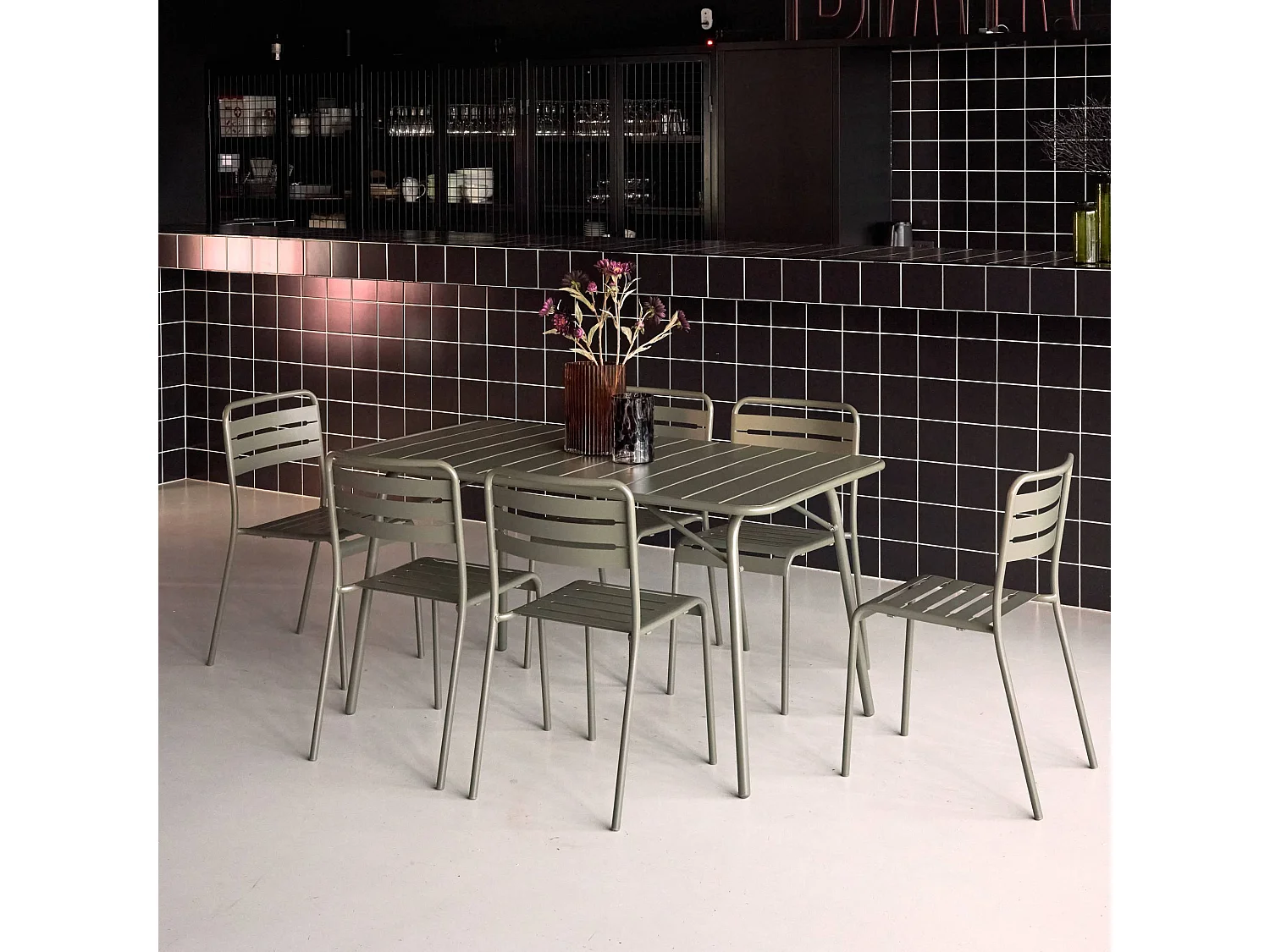 Tavolo da giardino pieghevole in metallo con 6 sedie, verde kaki