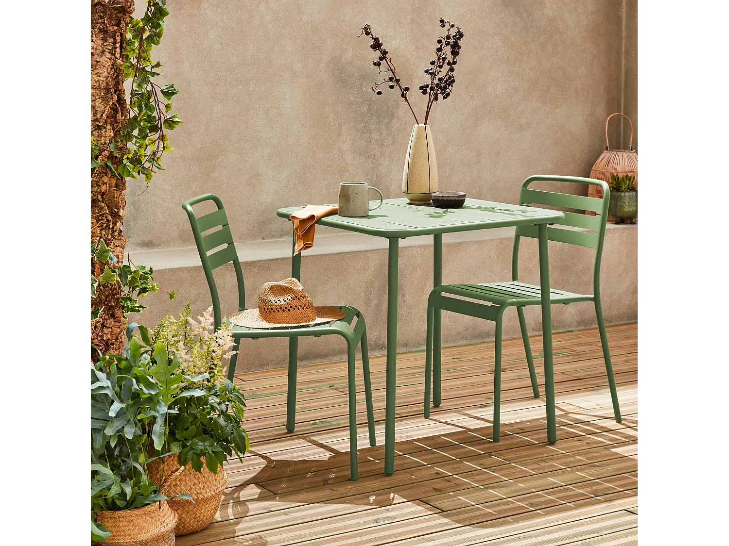 Table de jardin métal + 2 assises vert Amélia