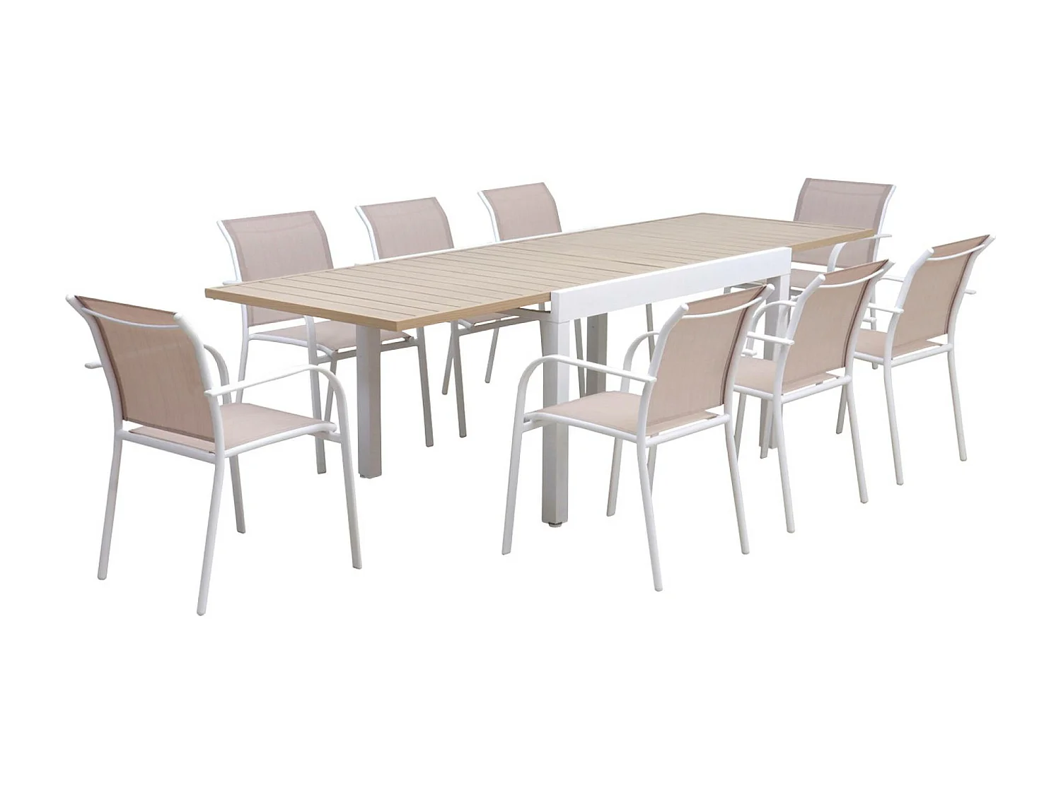 Table de jardin extensible aluminium + 8 assises aluminium et textilène. blanc. 270 x 90 x 75 cm