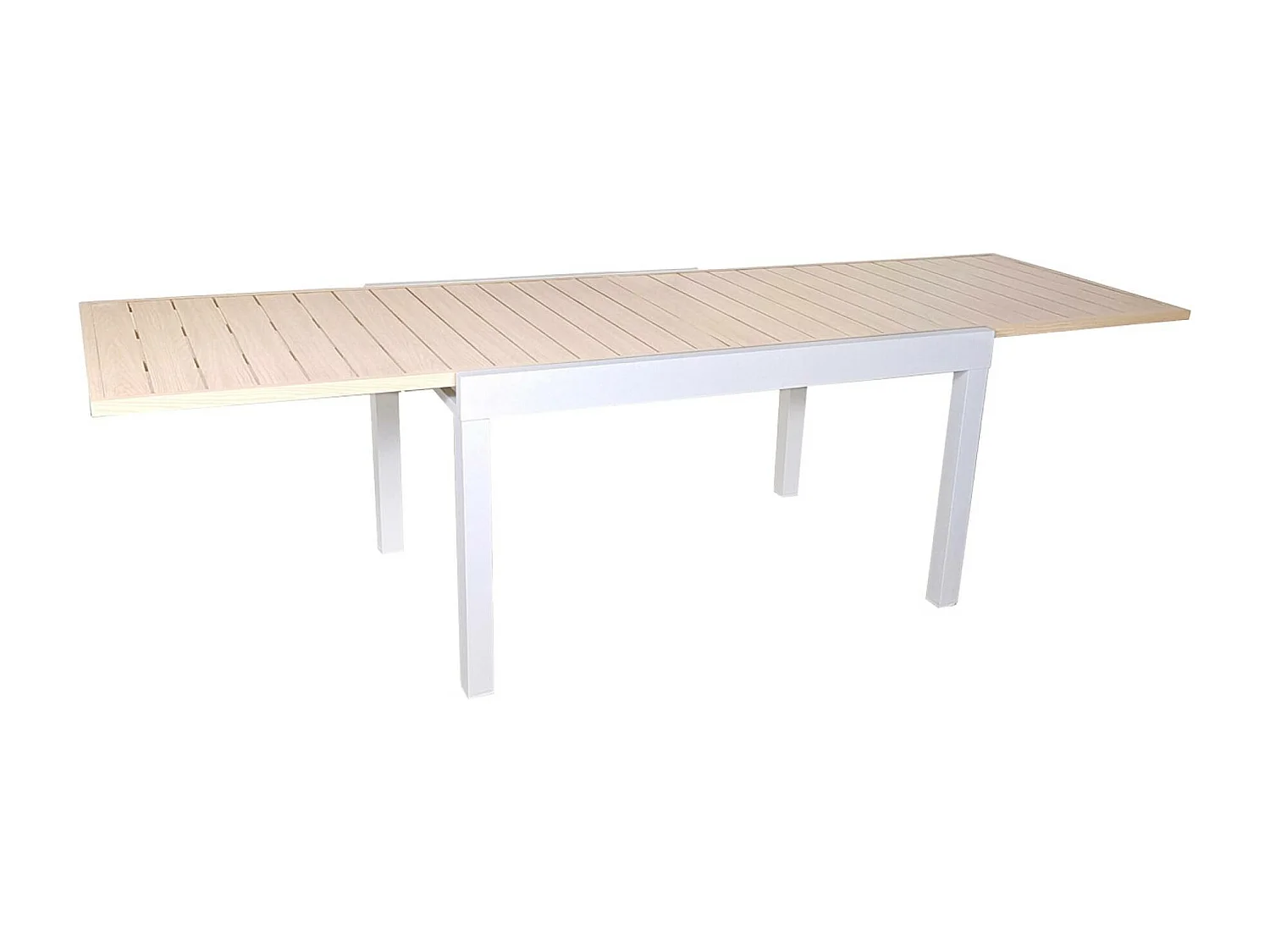 Table de jardin extensible aluminium + 8 assises aluminium et textilène. blanc. 270 x 90 x 75 cm