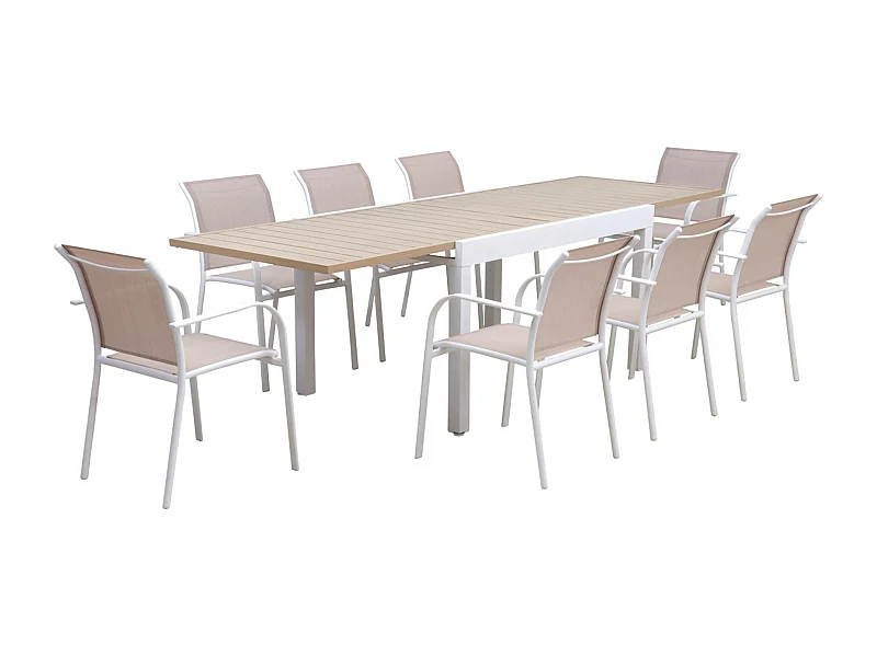 Table de jardin extensible aluminium + 8 assises aluminium et textilène. blanc. 270 x 90 x 75 cm