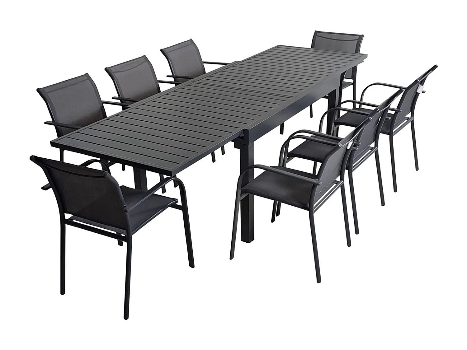 Table de jardin extensible aluminium + 8 assises aluminium et textilène. anthracite. 270 x 90 x 75 cm