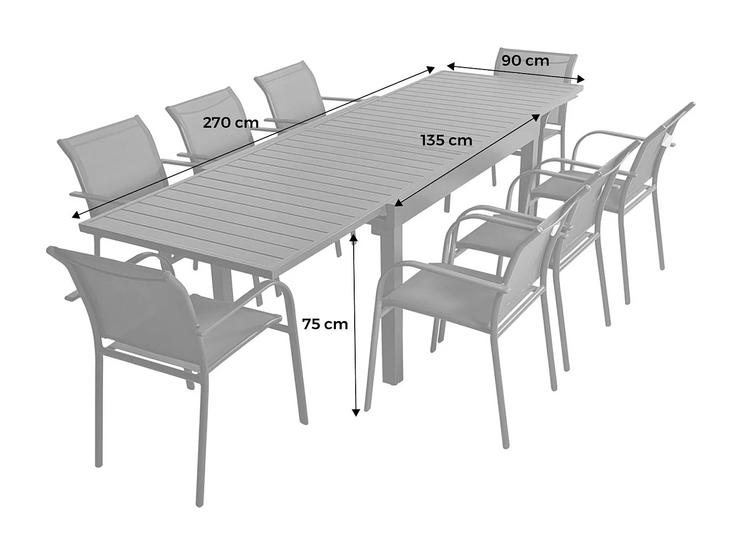 Table de jardin extensible aluminium + 8 assises aluminium et textilène. anthracite. 270 x 90 x 75 cm