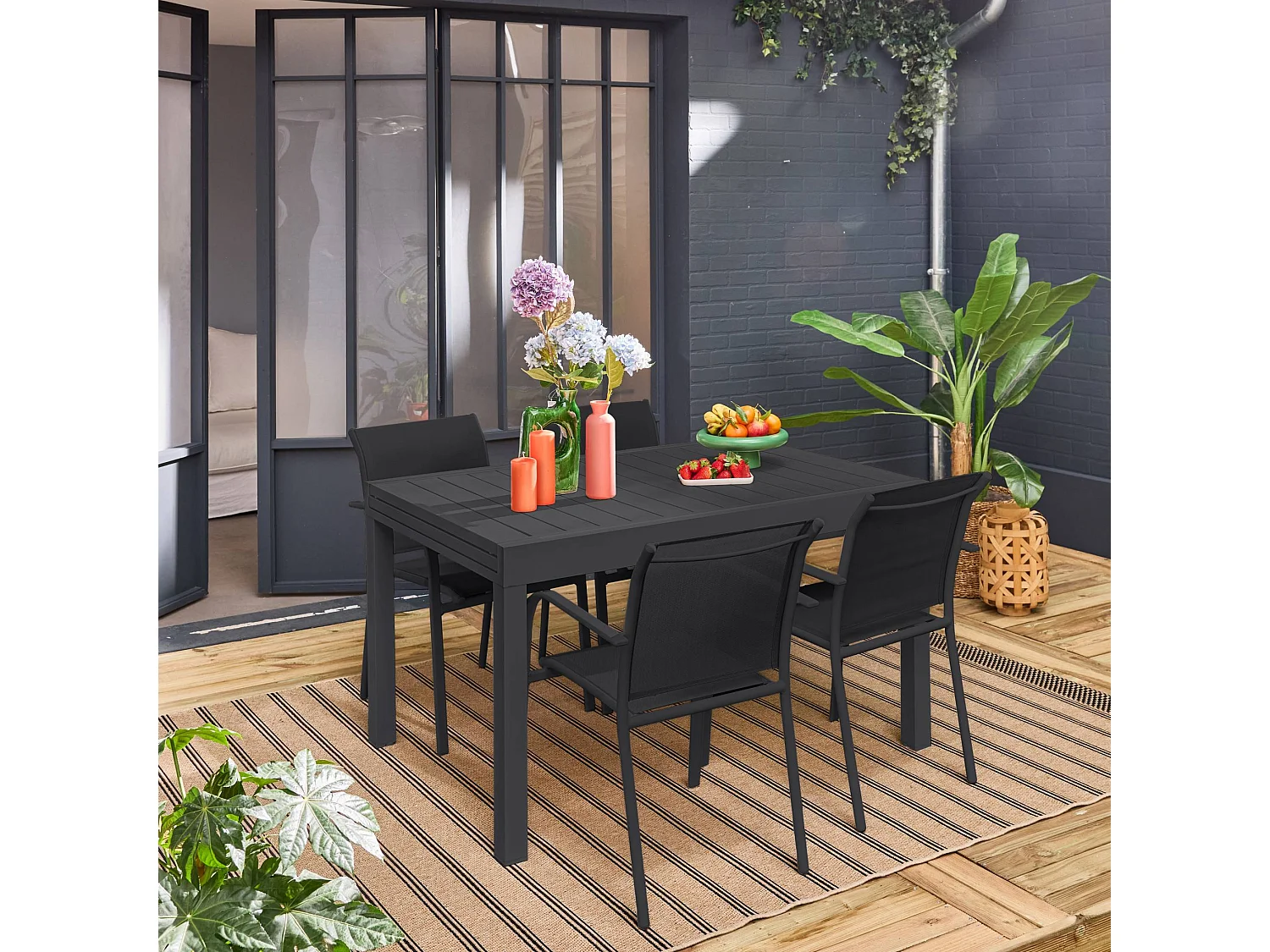 Table de jardin extensible aluminium + 8 assises aluminium et textilène. anthracite. 270 x 90 x 75 cm