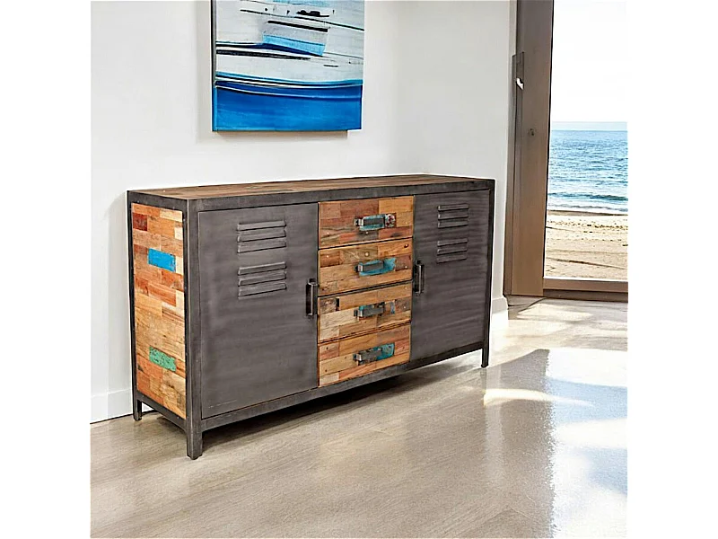 Buffet bois recyclé 4 tiroirs bois recyclé 2 portes métalliques 160x45x90cm CARAVELLE
