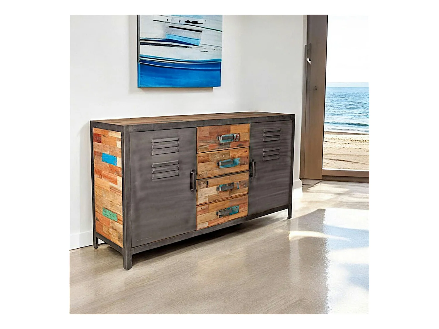 Buffet bois recyclé 4 tiroirs bois recyclé 2 portes métalliques 160x45x90cm CARAVELLE