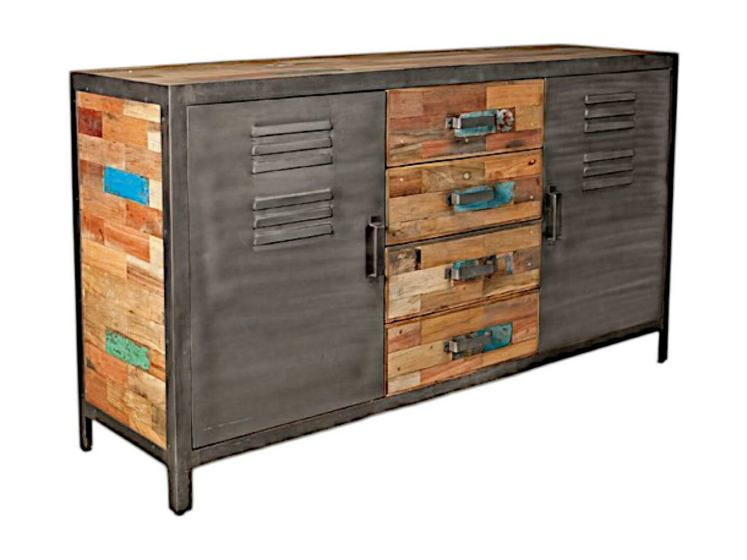 Buffet bois recyclé 4 tiroirs bois recyclé 2 portes métalliques 160x45x90cm CARAVELLE