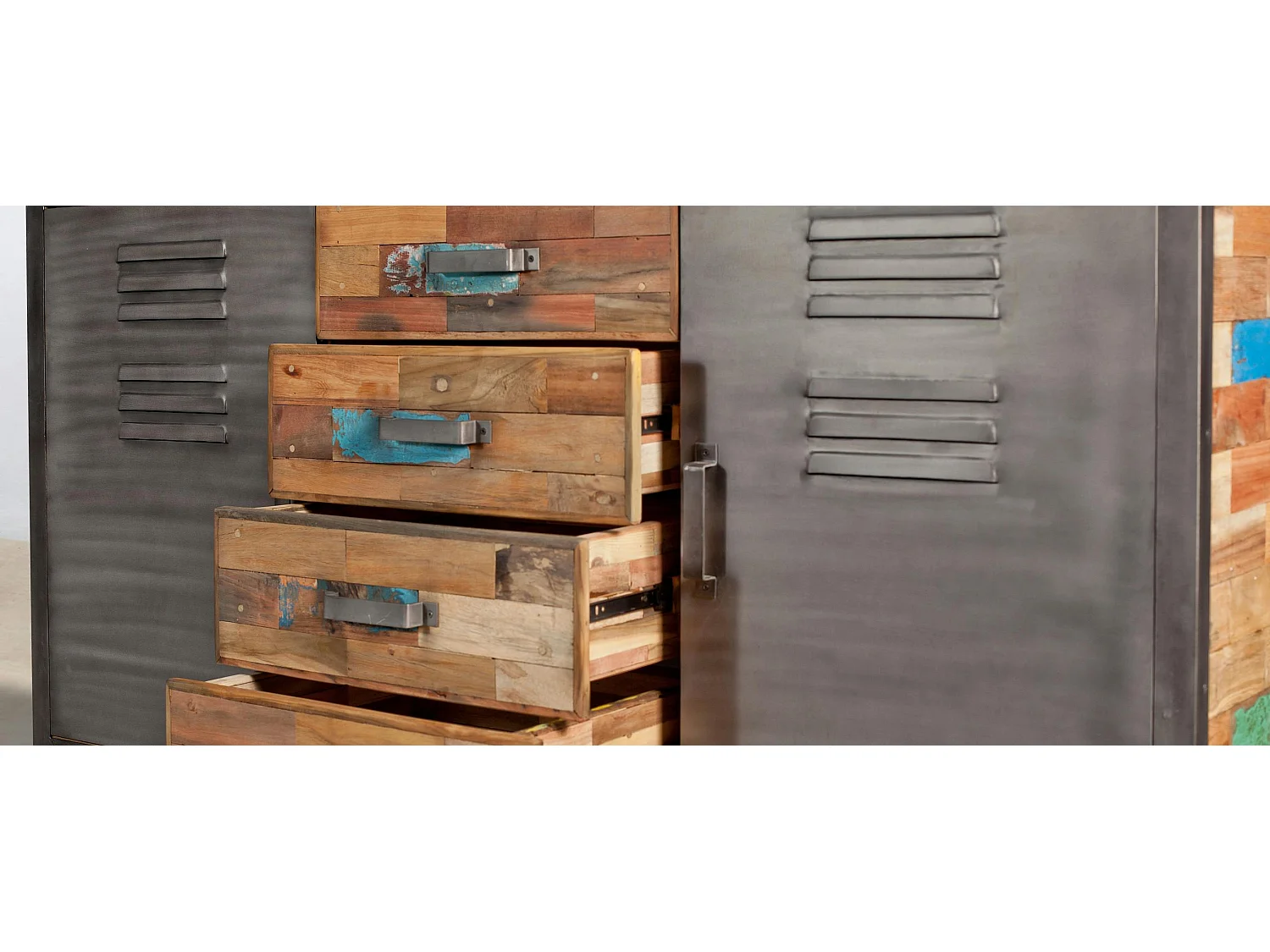 Buffet bois recyclé 4 tiroirs bois recyclé 2 portes métalliques 160x45x90cm CARAVELLE