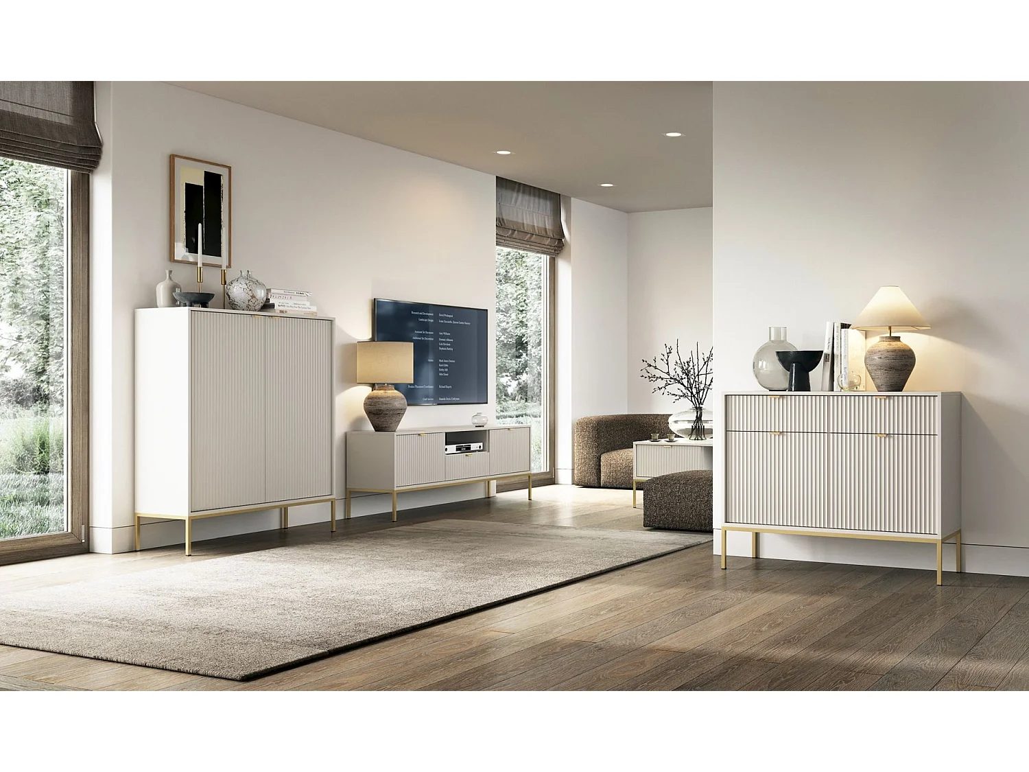 Buffet haut - 104 cm - grėge avec pieds dorés - VELLORE