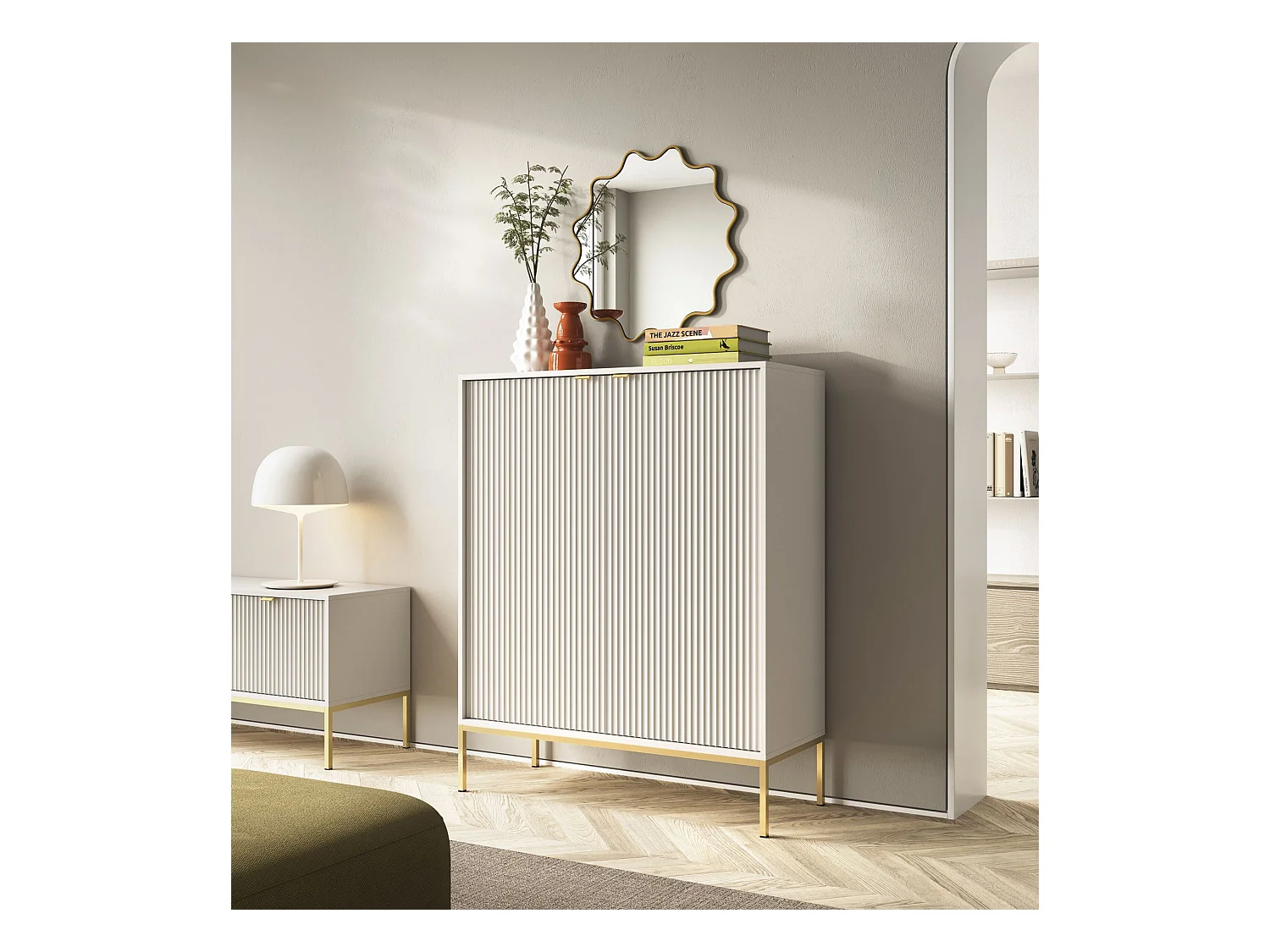 Buffet haut - 104 cm - grėge avec pieds dorés - VELLORE