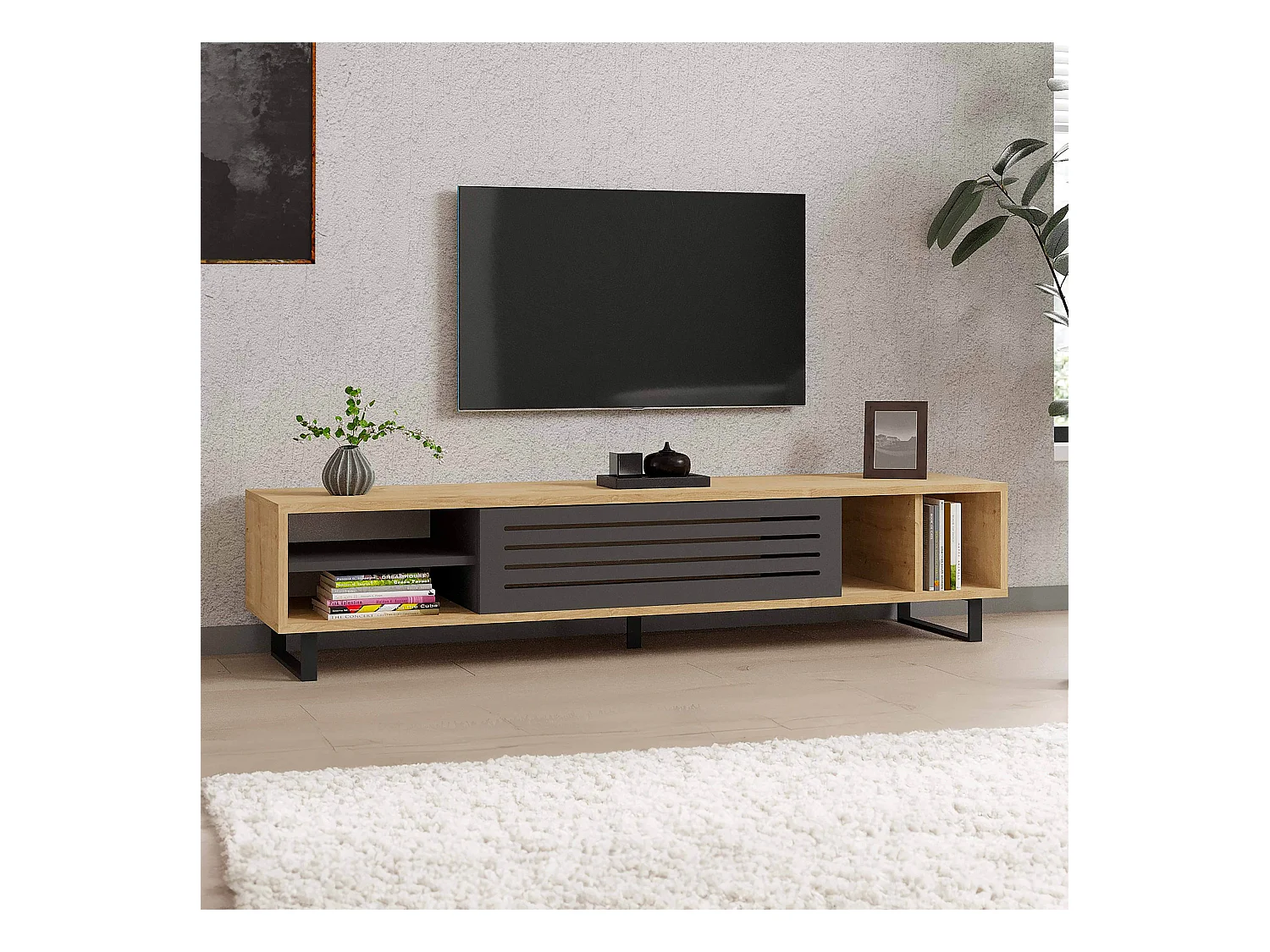 Meuble TV 160 cm effet bois clair