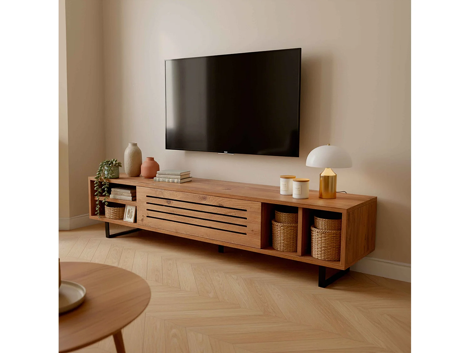 Meuble TV 160 cm effet bois foncé