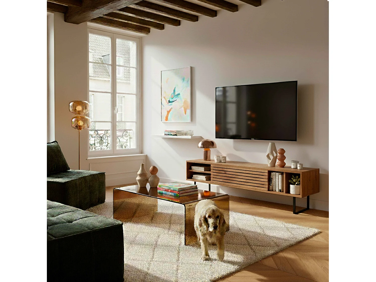 Meuble TV 160 cm effet bois foncé