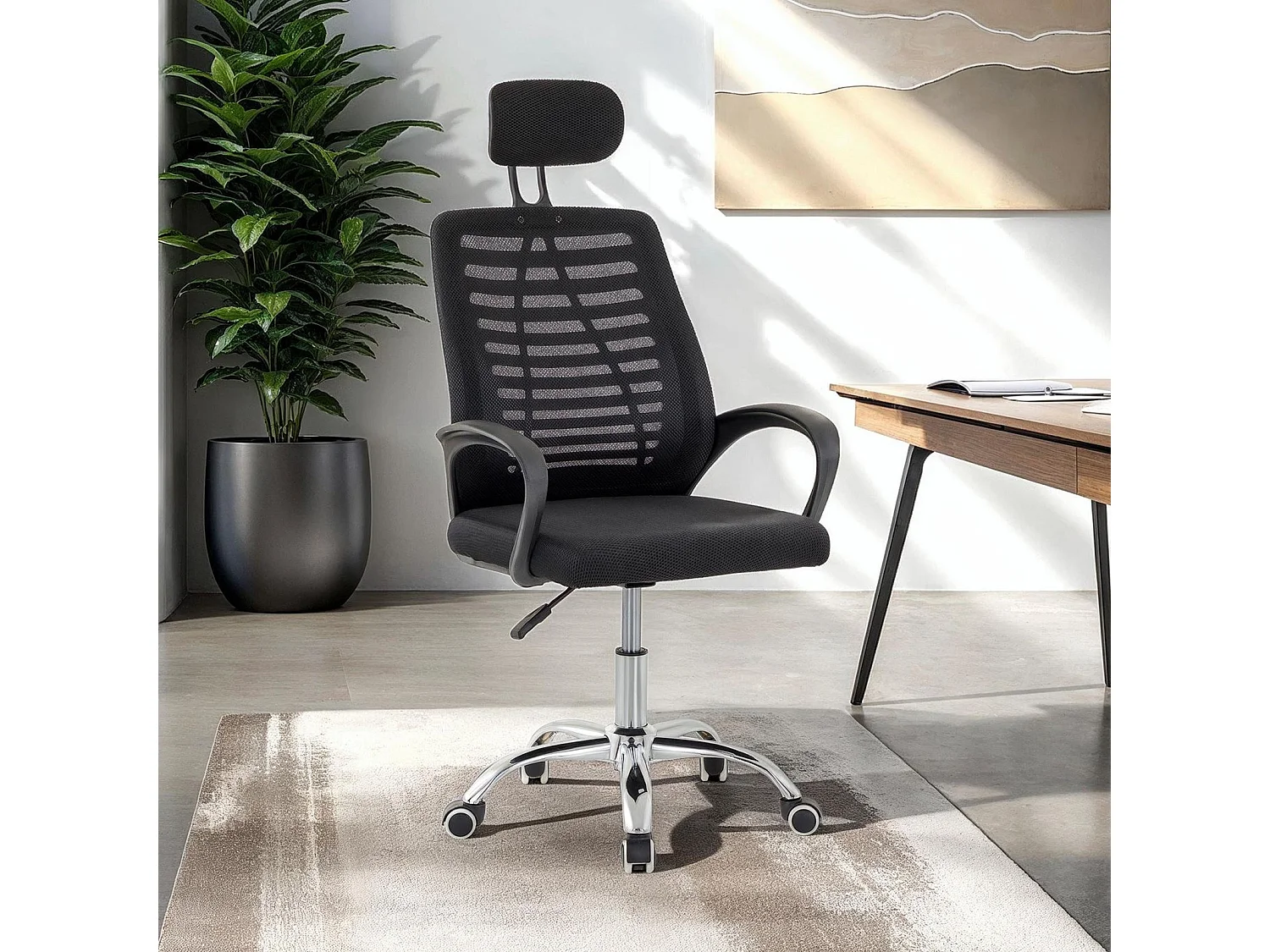 Chaise de bureau SEATTLE, Pivotante et réglable en hauteur, Tissu mesh, Avec accoudoirs et Repose-Tête, Noir