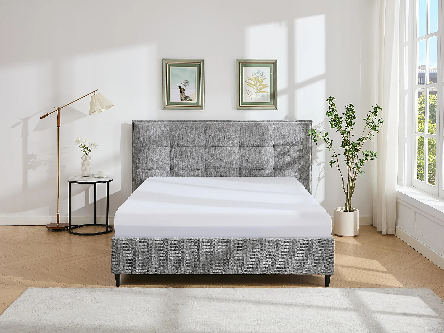 Bed 160 x 200 cm met hoofdbord met capitons - Stof - Grijs + matras - NIPRIO