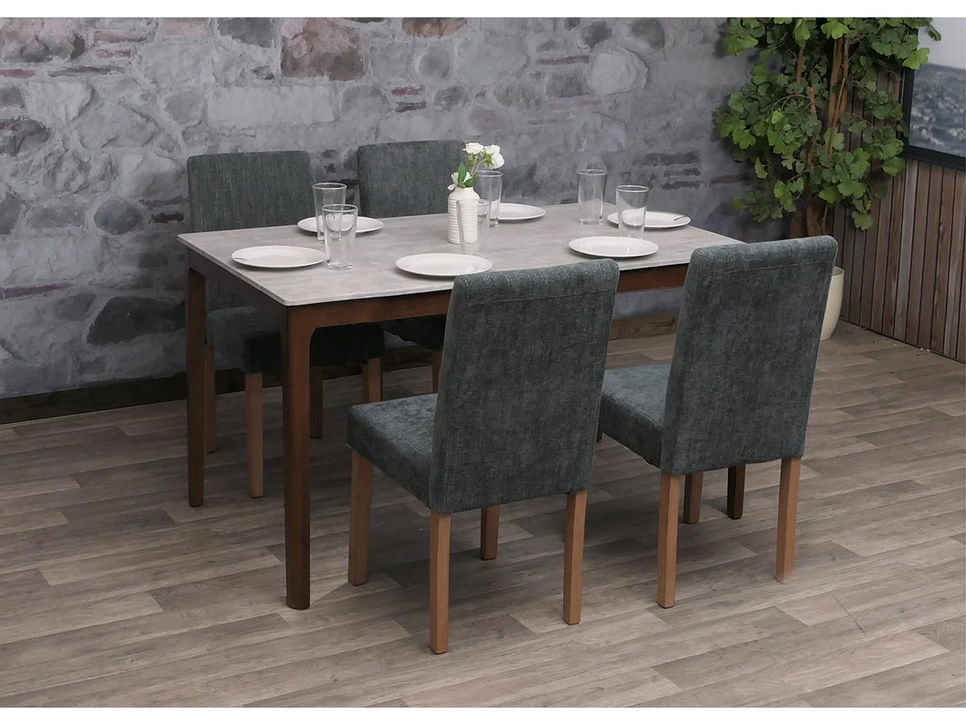 Eetkamerstoel Littau Chenille (set van 4),  donkergrijs, naturelkleurige poten