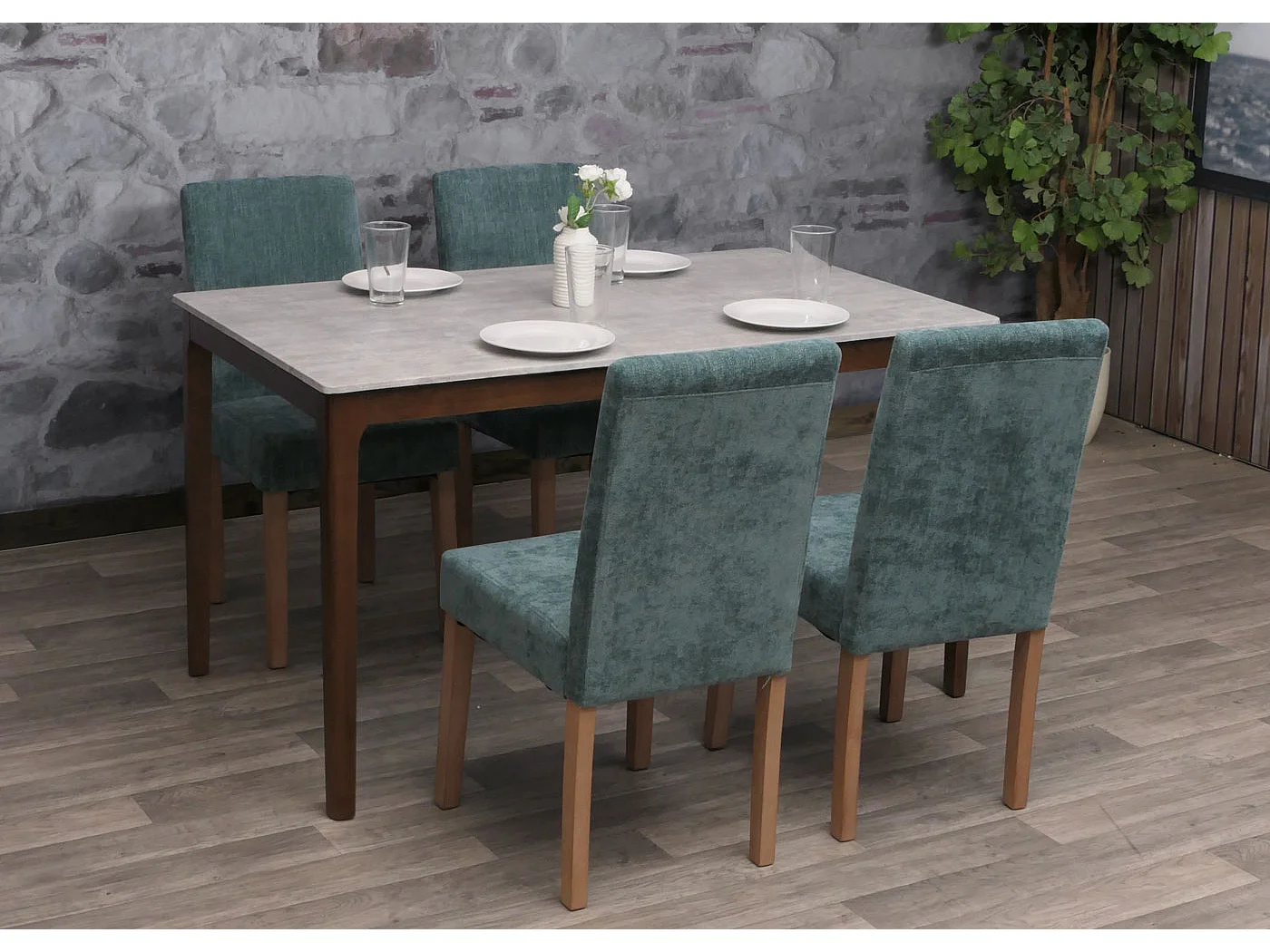 Eetkamerstoel Littau Chenille (set van 4),  groen, naturelkleurige poten