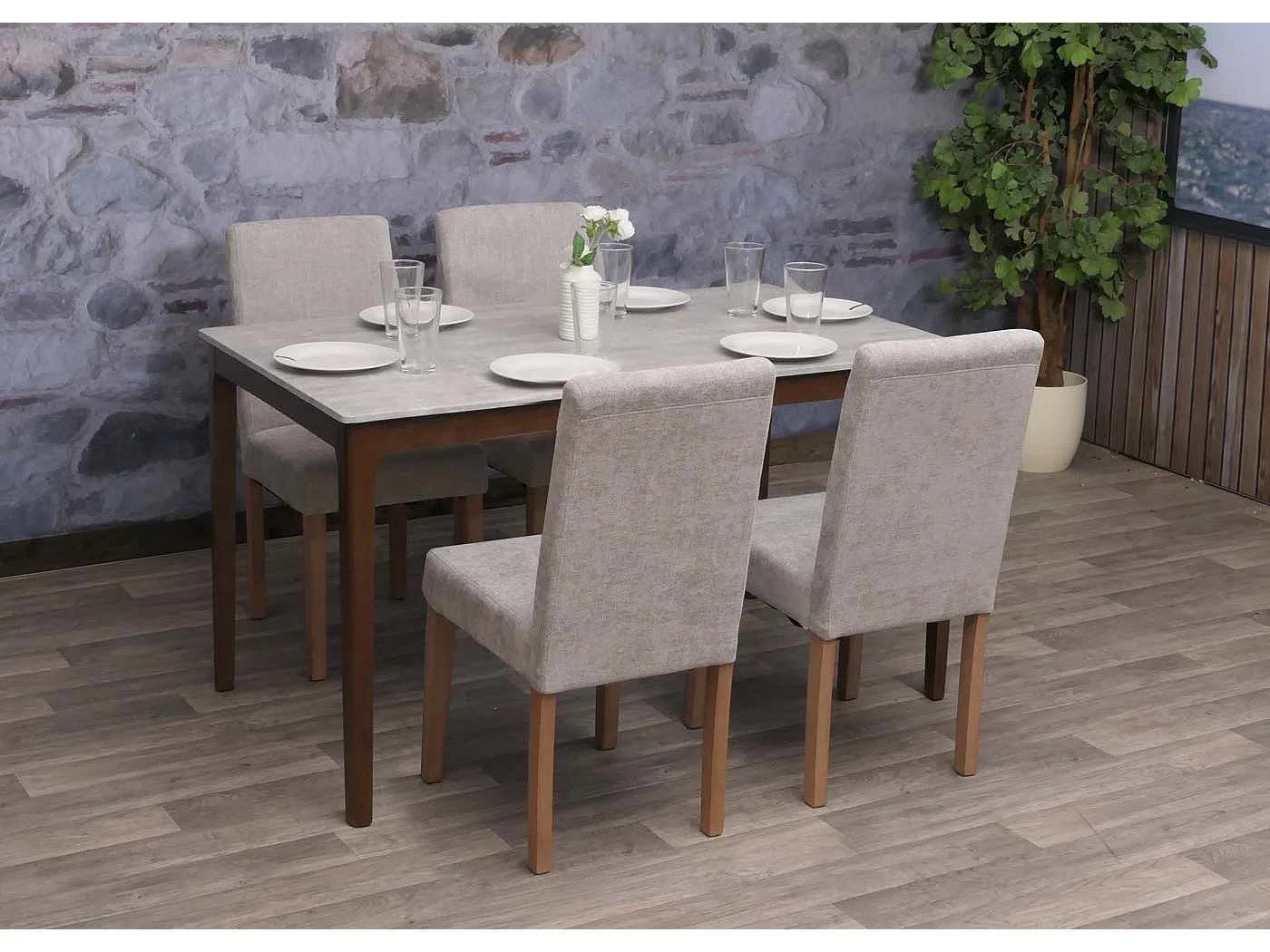 Eetkamerstoel Littau Chenille (set van 4),  lichtgrijs, naturelkleurige poten