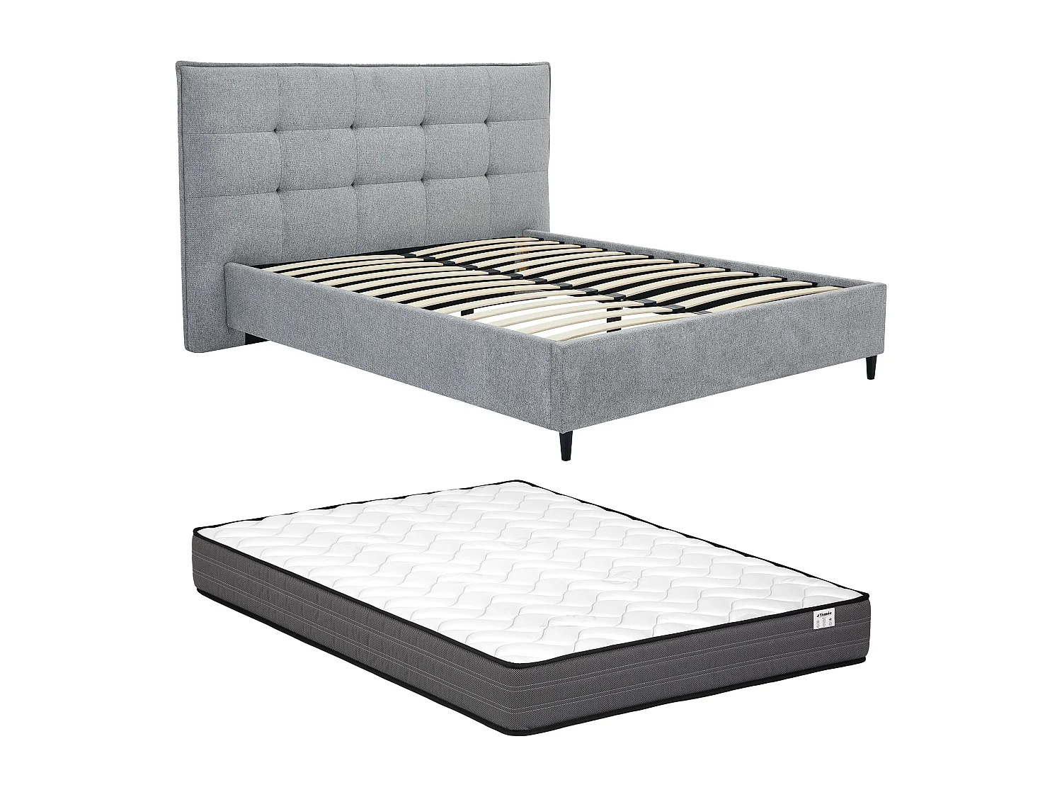 Bett mit gestepptem Kopfteil + Matratze - 180 x 200 cm - Stoff - Grau - NIRPIO