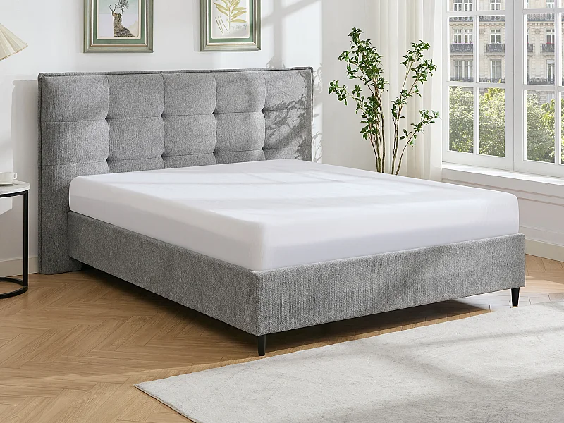Lit 180 x 200 cm avec tête de lit capitonnée - Tissu - Gris + Matelas - NIRPIO