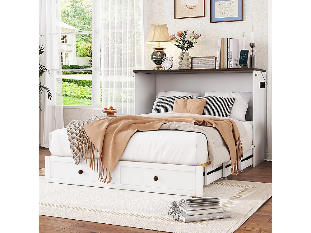 Beddenkast 140 x 200, met laden aan het uiteinde van het bed en planken aan het hoofdeinde van het bed, met USB en stopcontacten, wit