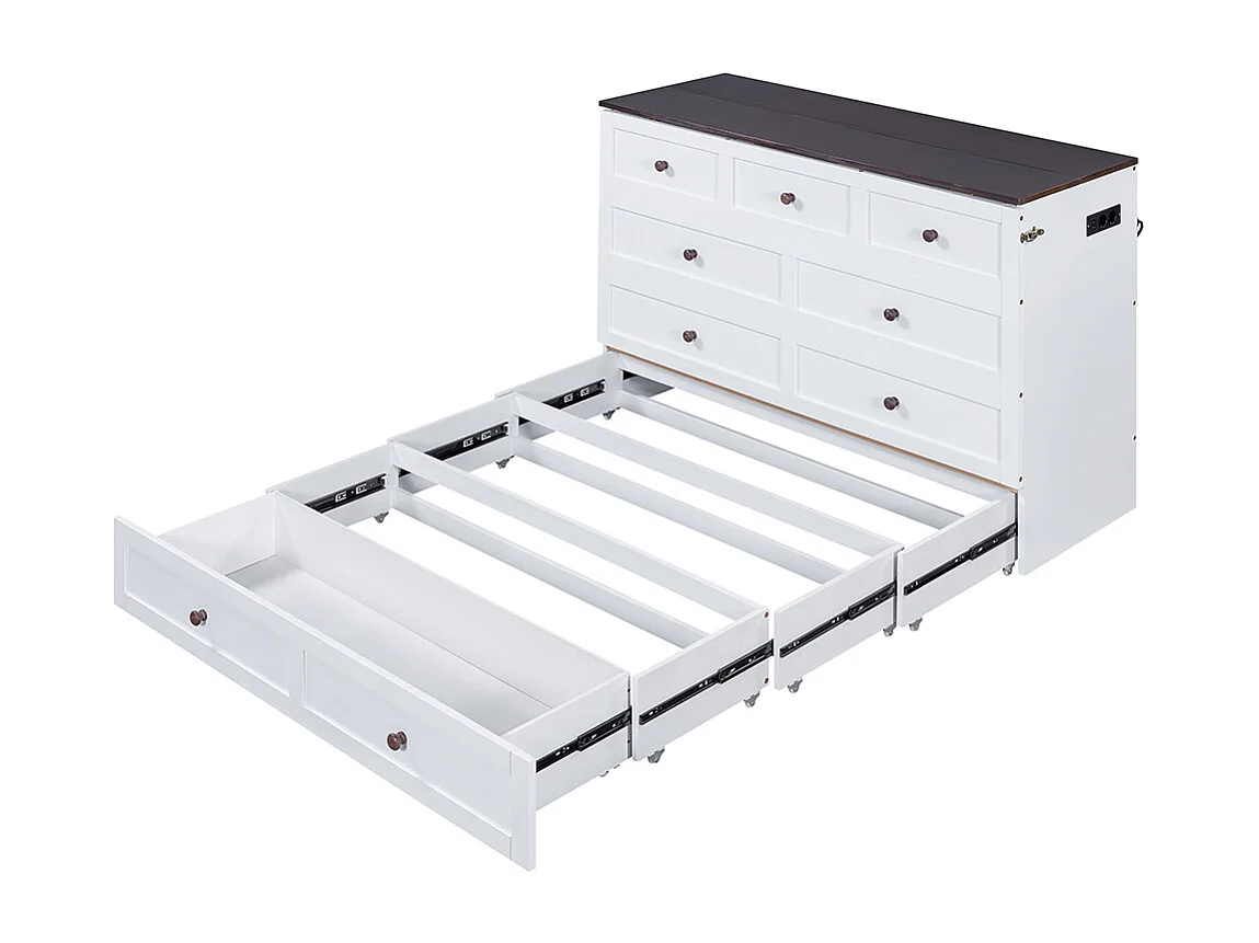 Armoire lit 140 x 200, avec tiroirs au bout du lit et étagères à la tête du lit, avec USB et prises, blanc