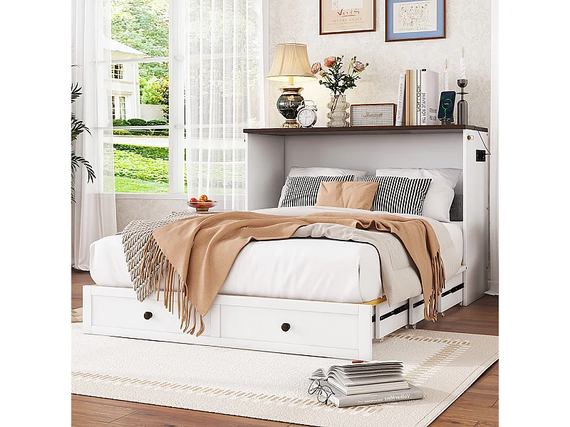 Armoire lit 140 x 200, avec tiroirs au bout du lit et étagères à la tête du lit, avec USB et prises, blanc