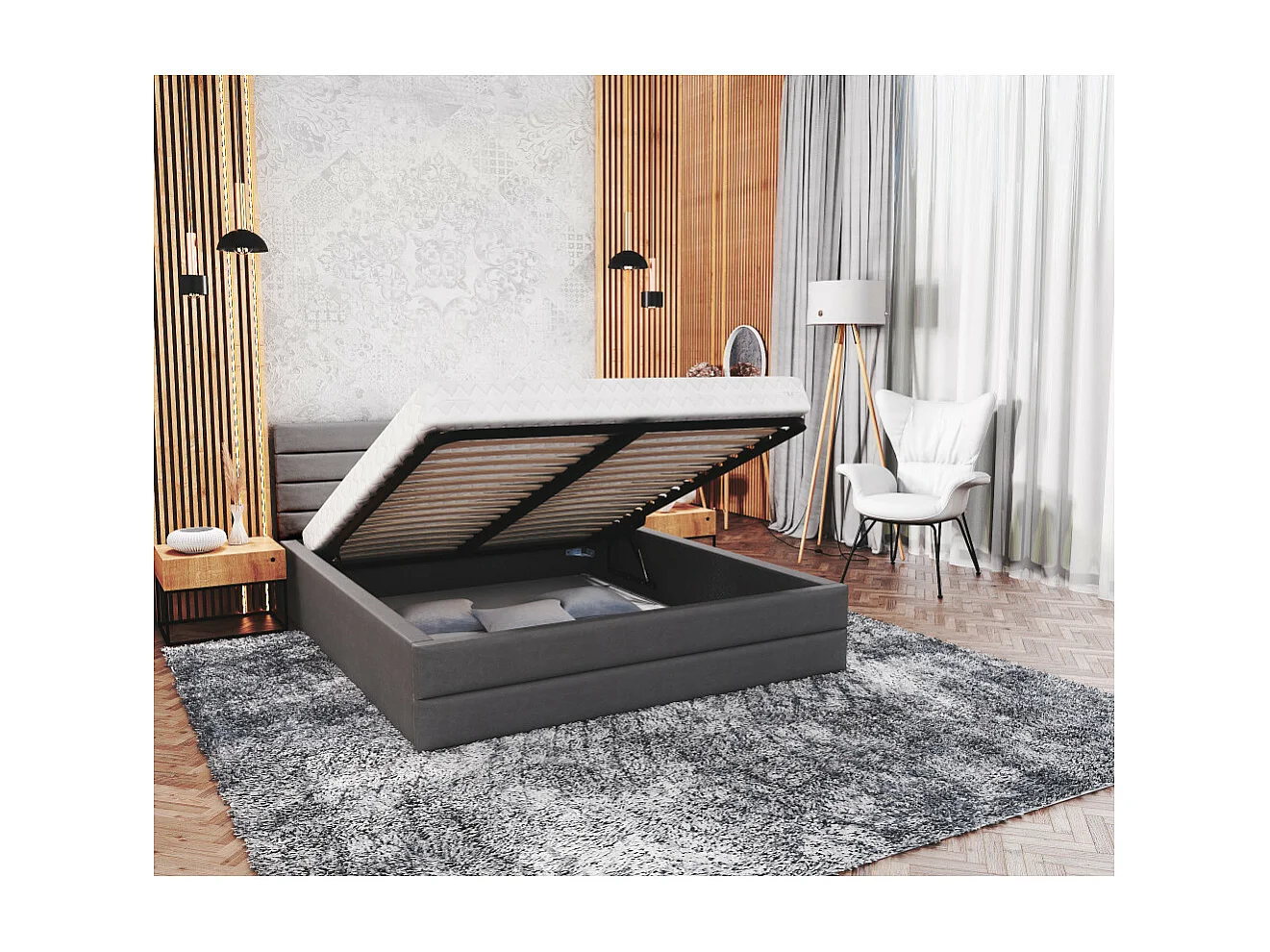 Lit coffre DALLAS 180 x 200 cm avec sommier à lattes relevable Gris Foncé