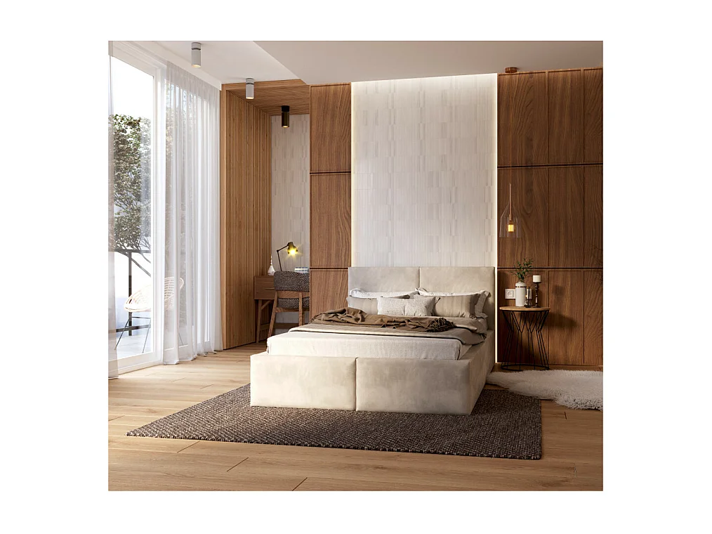 Lit coffre Tulum 120 x 200 cm avec sommier à lattes relevable Beige