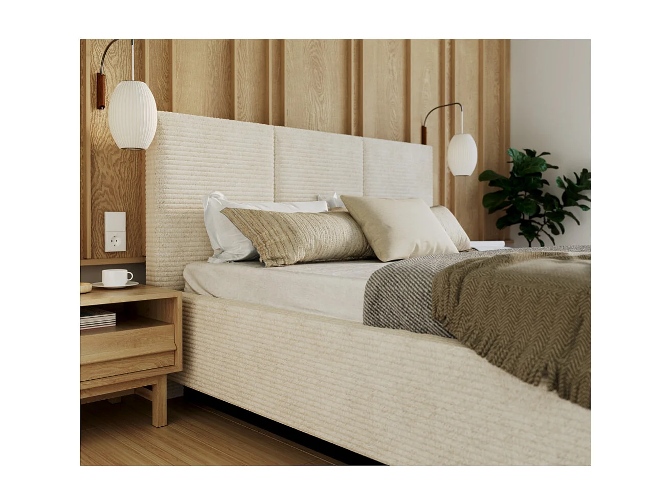 Lit coffre Aveiro velours côtelé 140 x 200 cm avec sommier à lattes relevable Crème