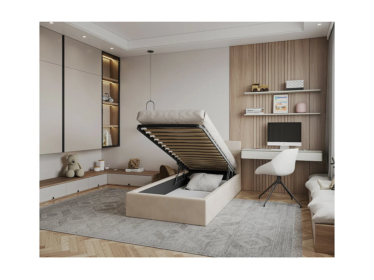 Lit coffre Vegas 90 x 200 cm  avec sommier à lattes relevable Beige