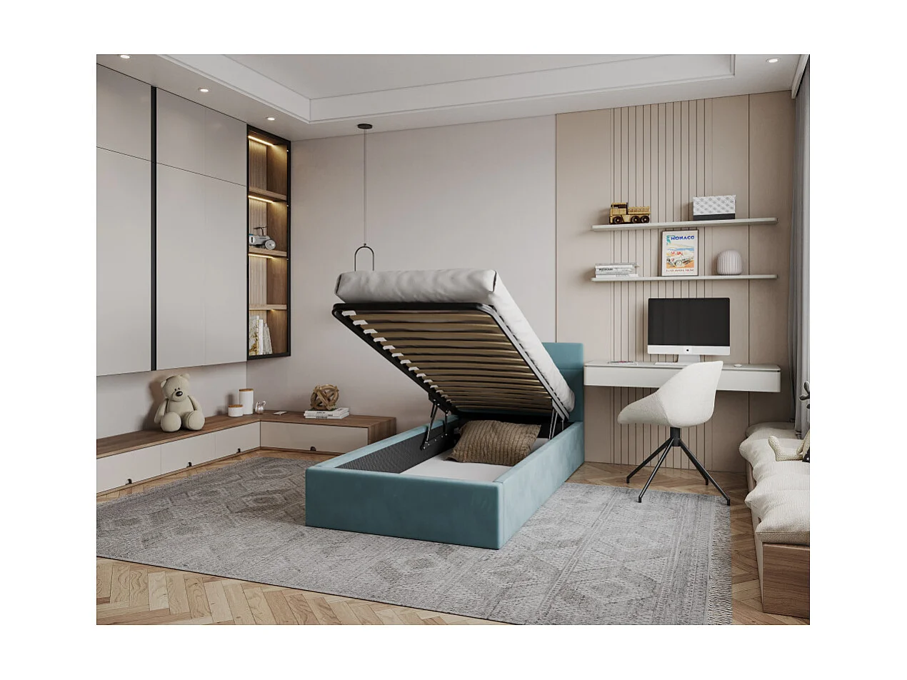 Lit coffre Vegas 90 x 200 cm  avec sommier à lattes relevable Azur