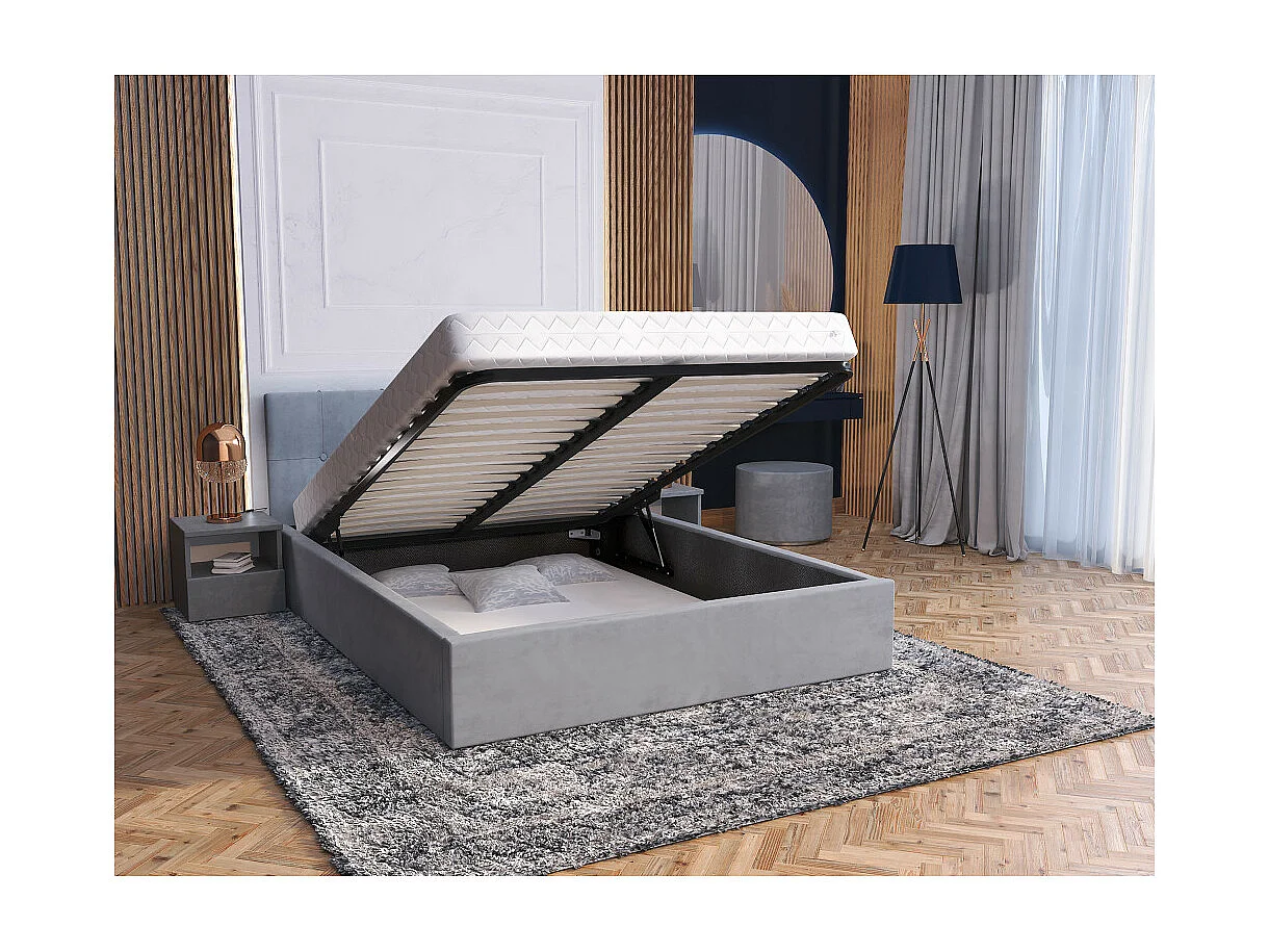 Lit coffre Vegas 140 x 200 cm  avec sommier à lattes relevable Gris Clair