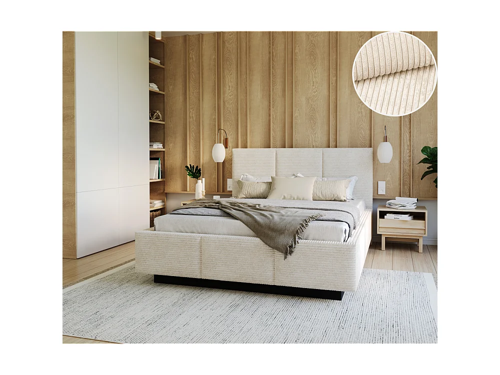 Lit coffre Aveiro velours côtelé 160 x 200 cm avec sommier à lattes relevable Beige Foncé