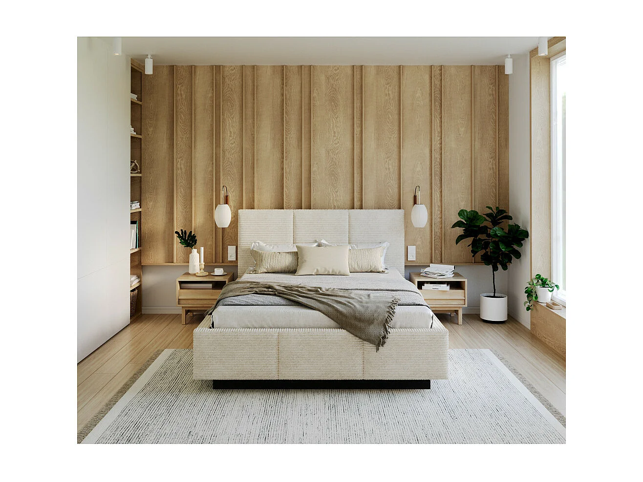 Lit coffre Aveiro velours côtelé 160 x 200 cm avec sommier à lattes relevable Beige Foncé