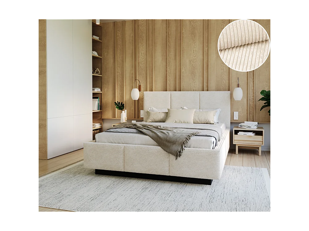 Lit coffre Aveiro velours côtelé 160 x 200 cm avec sommier à lattes relevable Crème