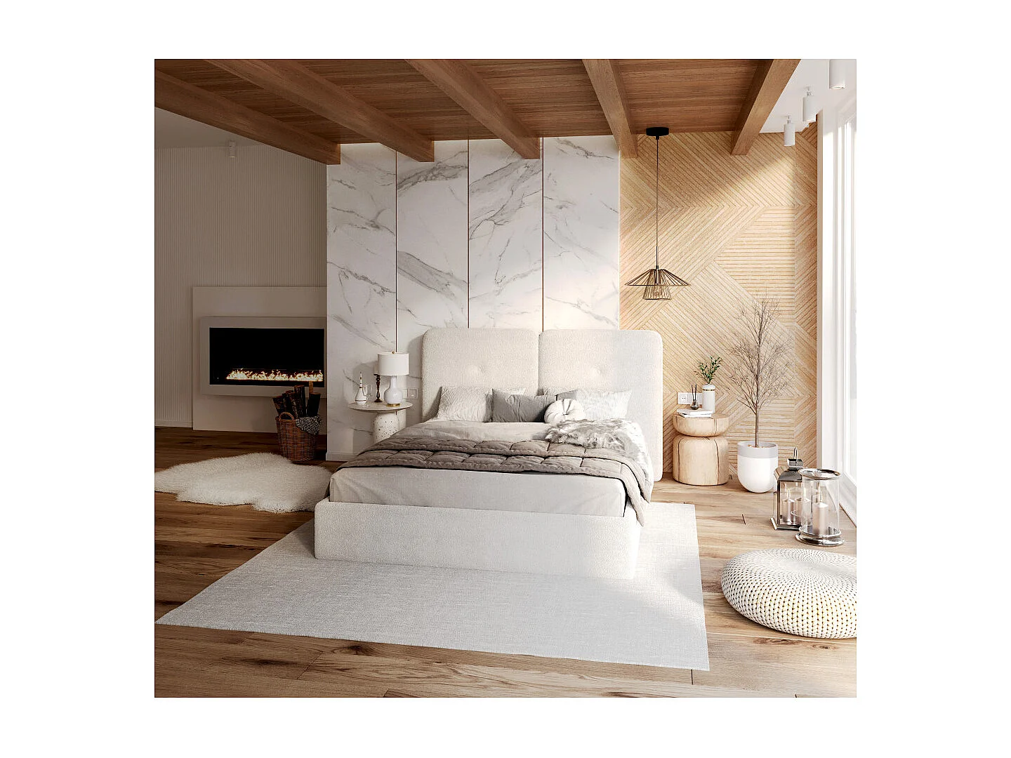 Lit coffre Bedretti 140 x 190 cm - Tissu cleo - sommier à lattes relevable Blanc