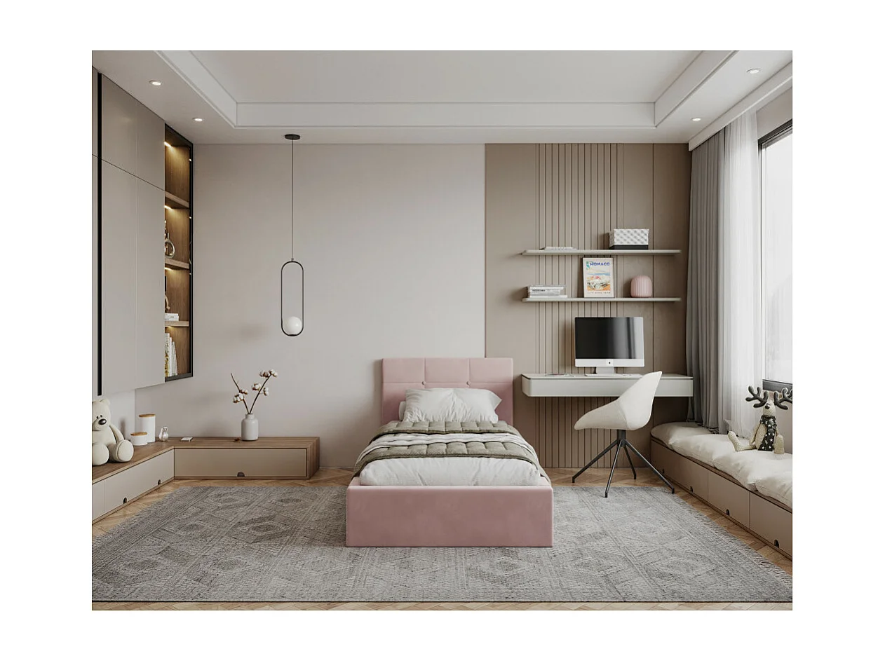 Lit coffre Vegas 90 x 200 cm  avec sommier à lattes relevable Rose pâle