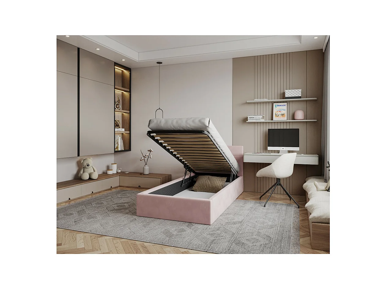 Lit coffre Vegas 90 x 200 cm  avec sommier à lattes relevable Rose pâle