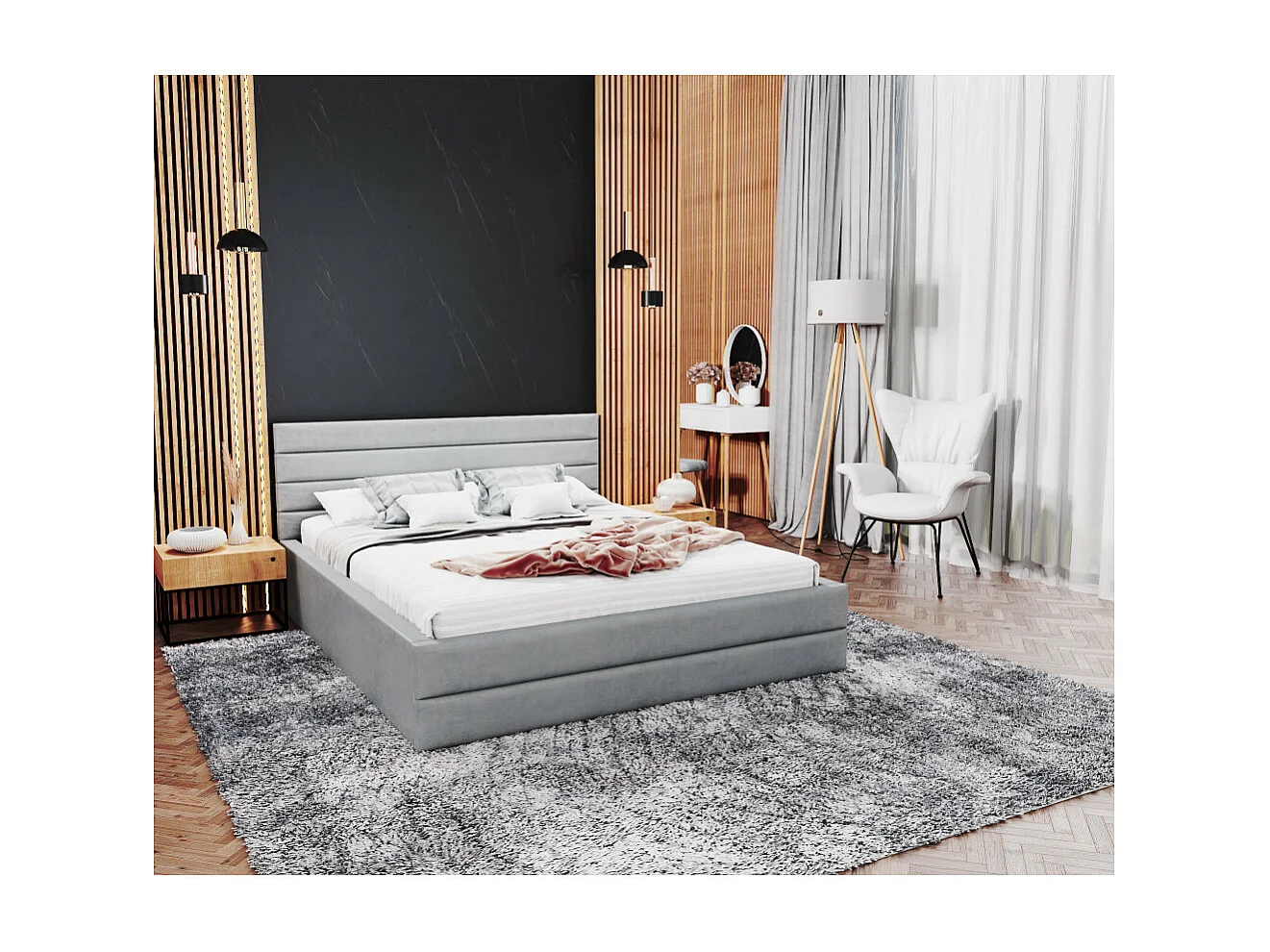 Lit coffre DALLAS 140 x 200 cm avec sommier à lattes relevable Gris Clair