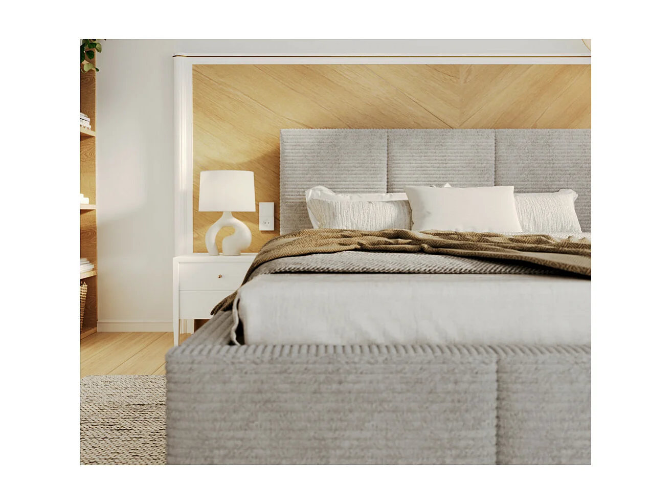 Lit coffre Aveiro velours côtelé 160 x 200 cm avec sommier à lattes relevable Gris Clair