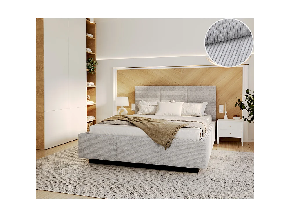 Lit coffre Aveiro velours côtelé 160 x 200 cm avec sommier à lattes relevable Gris Clair