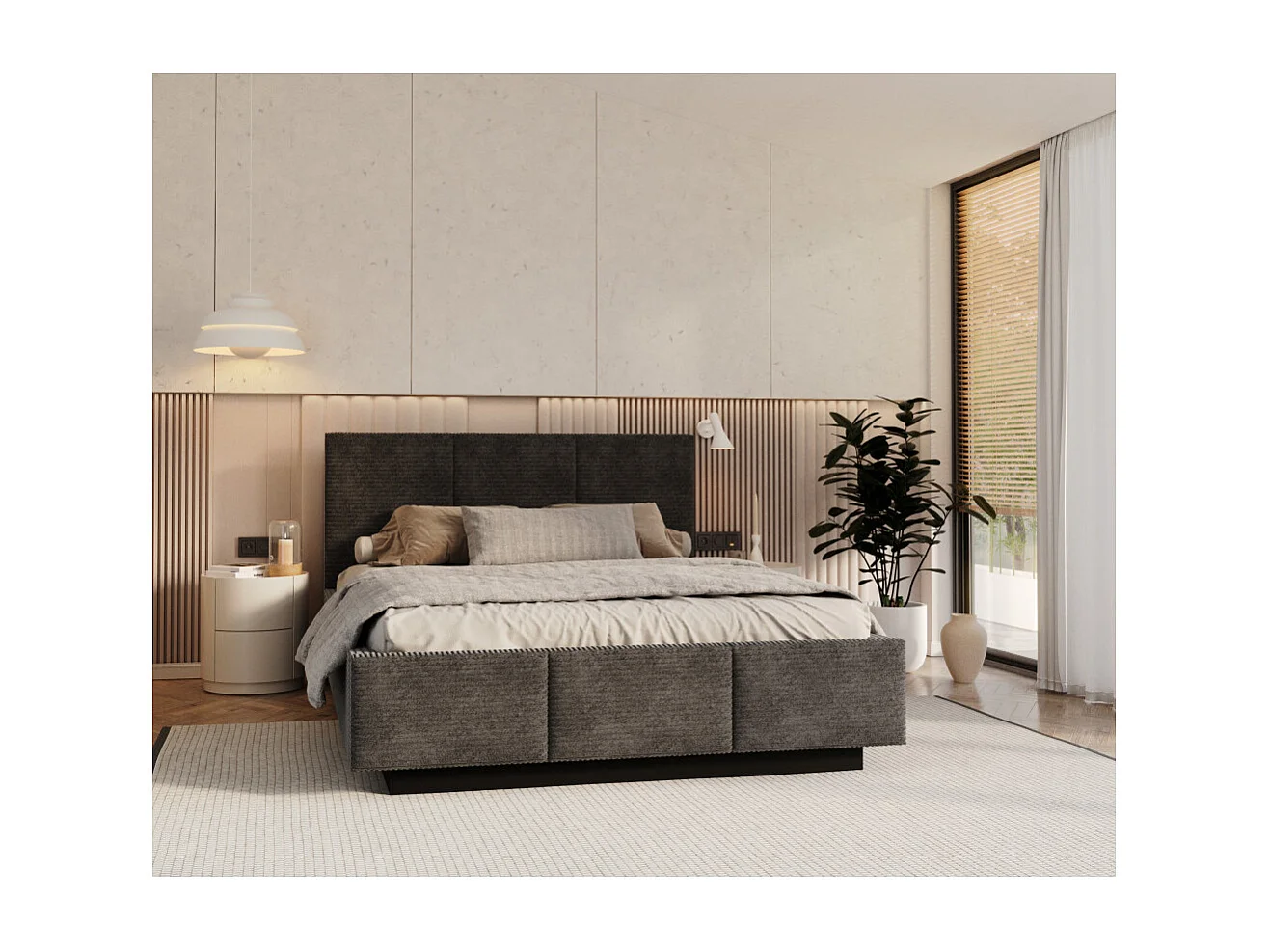 Lit coffre Aveiro velours côtelé 160 x 200 cm avec sommier à lattes relevable Gris Foncé