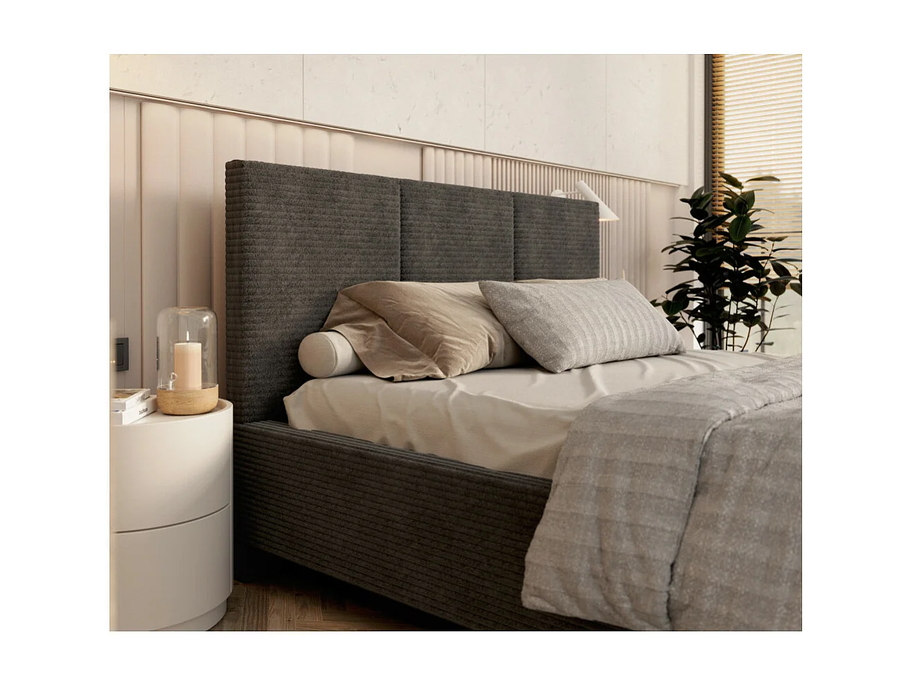 Lit coffre Aveiro velours côtelé 160 x 200 cm avec sommier à lattes relevable Gris Foncé