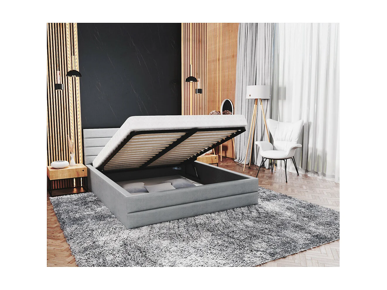 Lit coffre DALLAS 180 x 200 cm avec sommier à lattes relevable Gris Clair