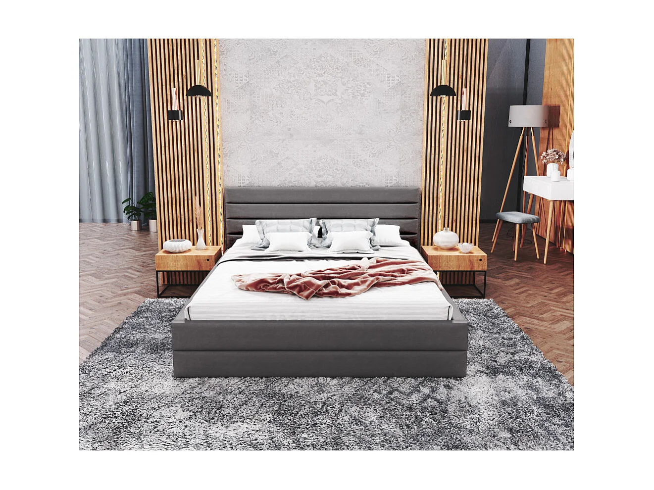 Lit coffre DALLAS 140 x 200 cm avec sommier à lattes relevable Gris Foncé