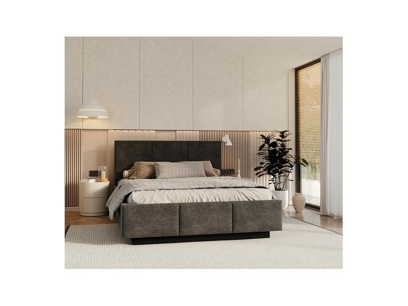 Lit coffre Aveiro velours côtelé 140 x 190 cm avec sommier à lattes relevable Gris Foncé