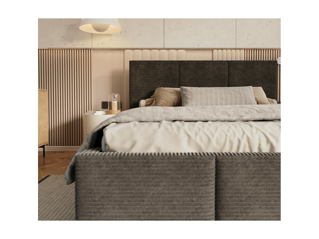 Lit coffre Aveiro velours côtelé 140 x 190 cm avec sommier à lattes relevable Gris Foncé