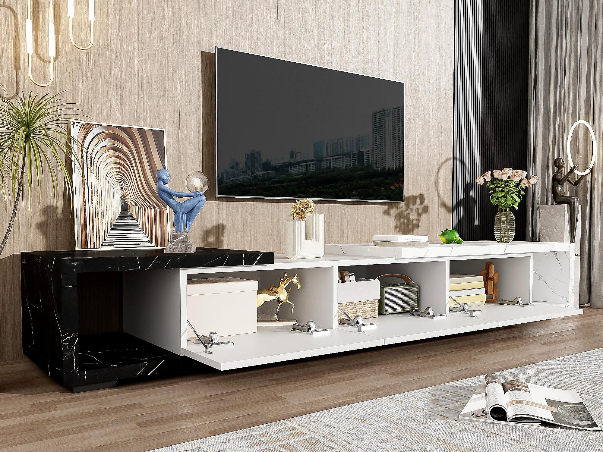 Meuble TV Extensible 120-200 Cm Avec éclairage LED - Noir, 2 Tiroirs, Modulable - Pour Salon