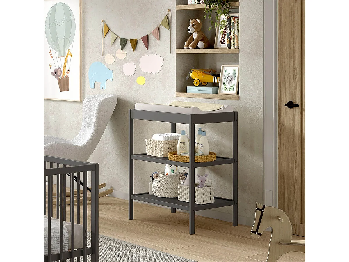 ELIOTT - Table à Langer avec Tablettes en Hêtre Massif Laqué Anthracite